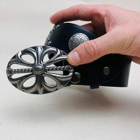 y2k 2000s vintage skeleton chrome cross studded goth emo black belt - Picture 4 of 8